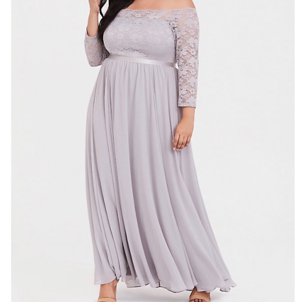 Lilac purple lace & chiffon off shoulder gown